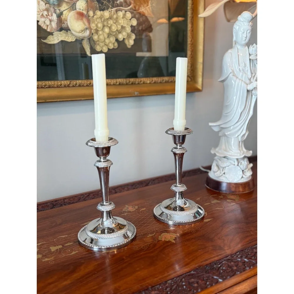 Vintage‎ Silver Plate Candlestick Pair • Neoclassical Taper Holders 7.75
